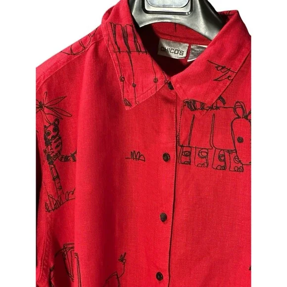 Chico’s red rhino elephant zebra shirt shacket long sleeve size 2 100% linen - Picture 2 of 15